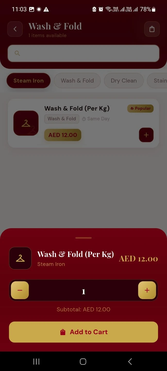EAGLES Laundry App Service Detail Screen